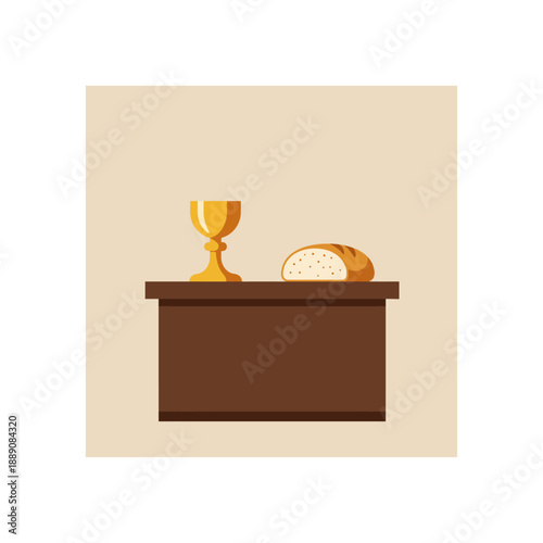 Flat illustration of a golden chalice and a loaf of bread on a brown table, symbolizing communion.