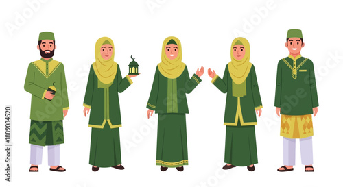 Smiling Muslim Men and Women in Traditional Green Attire Celebrating Festive Islamic Holiday