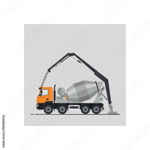 Concrete mixer truck and concrete pump working together on a construction site, illustrating heavy machinery in action.