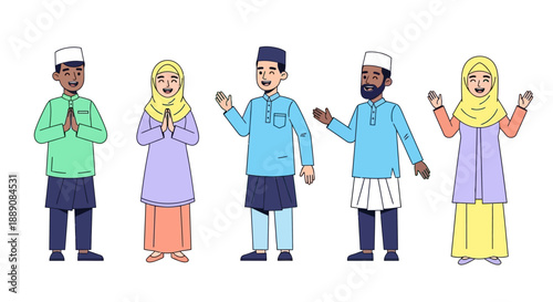 Cheerful Muslim People in Traditional Malay Clothing Offering Greetings and Celebrating a Festive Occasion