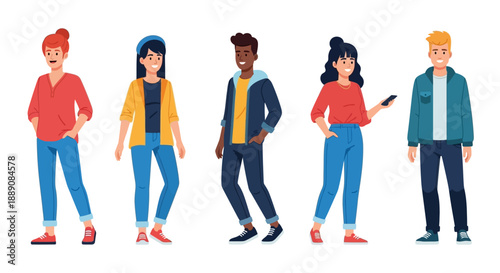 Diverse Group of Five Smiling Young Adults Standing Together in Casual Modern Clothing Illustration
