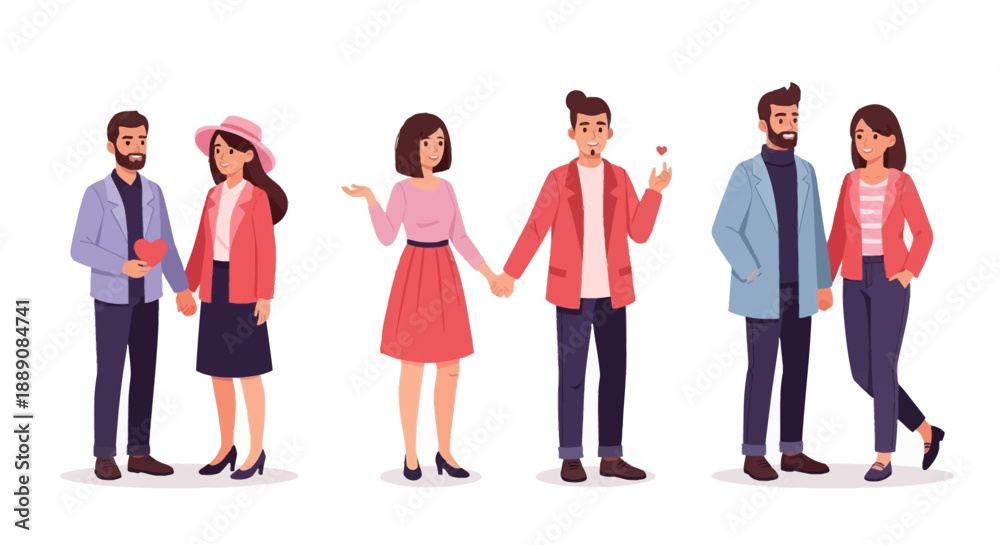 Fototapeta premium Illustration of Various Happy Young Couples Expressing Love and Togetherness in Different Poses