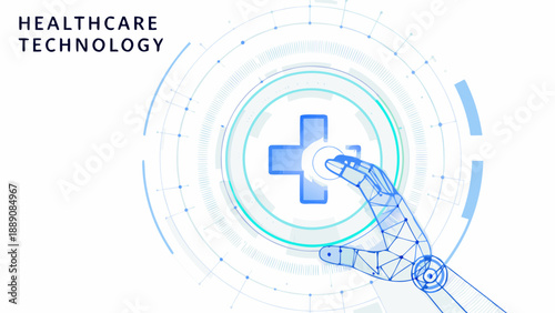 Healthcare technology concept with a robotic hand interacting with a digital interface