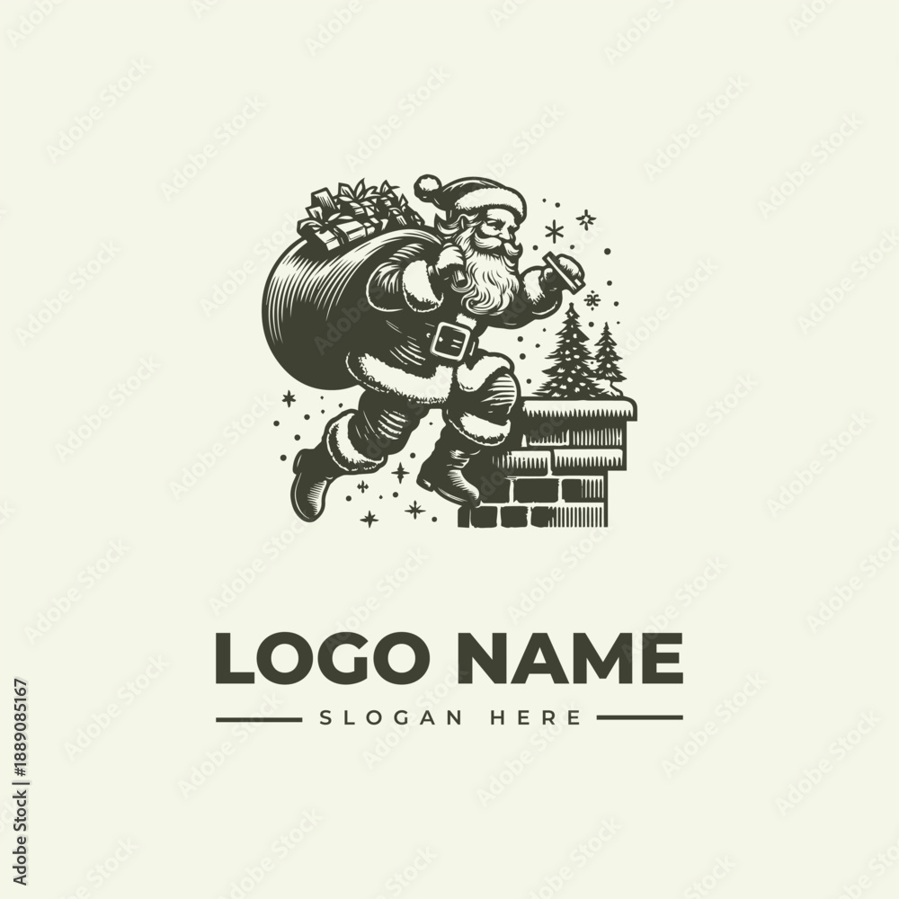 Obraz premium A vintage-style woodcut illustration of Santa Claus climbing a chimney with a sack, surrounded by Christmas trees and stars on a cream background, featuring a logo and slogan space.