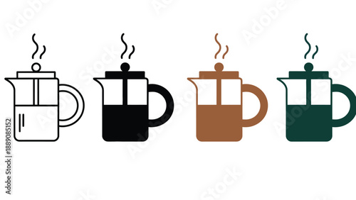 Four colored French press coffee makers with steam on a white background