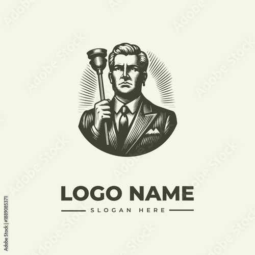 A vintage engraving-style logo featuring a man in a suit holding a gavel, with a circular pattern in the background and placeholder text for a logo name and slogan.