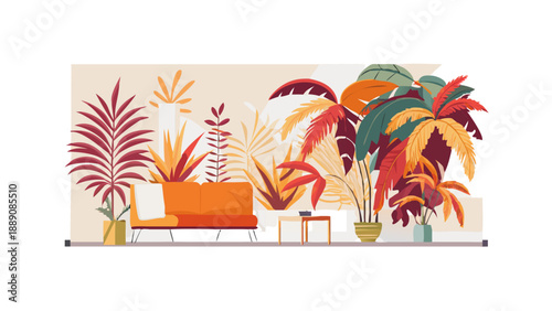 Vibrant living room with tropical plants