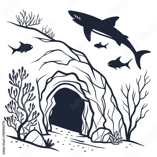 Shark swimming near underwater cave