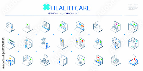 Isometric healthcare illustrations depicting medical tools equipment and hospital scenes