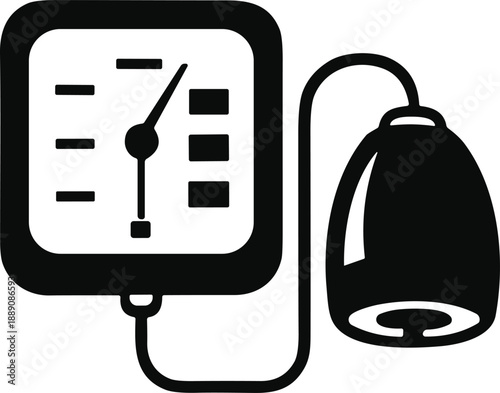 Blood pressure monitor icon with gauge and cuff for cardiovascular health and medical diagnostics design content
