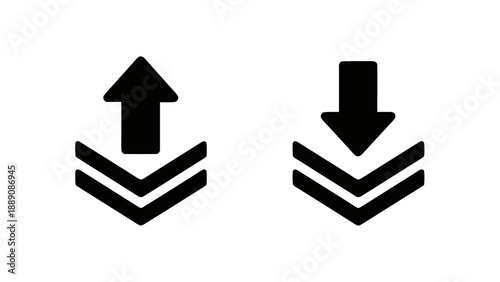 Vector illustration of modern upload and download arrow icons with multiple lines, on transparent background