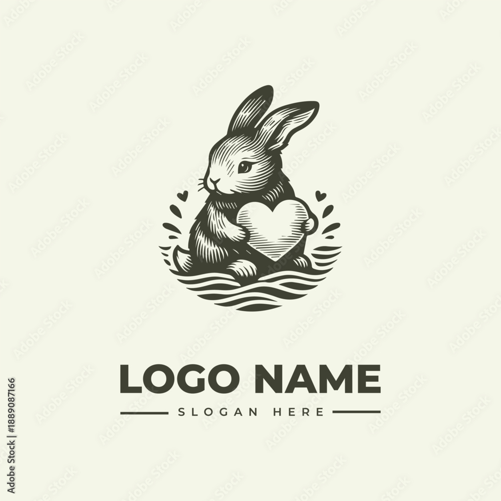 Fototapeta premium A vintage engraving-style logo featuring a rabbit holding a heart, surrounded by decorative elements on a clean background with a woodcut illustration technique.