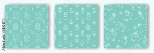 Set of three teal Easter egg pattern backgrounds with white designs, isolated on a plain white surface for decoration and celebration