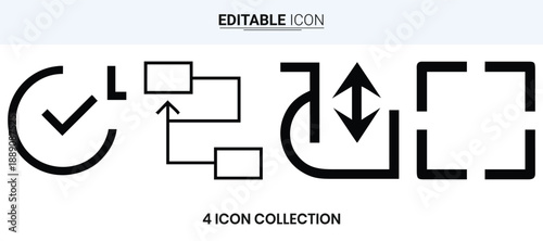 Four minimalist black icons depicting common interface actions check upload sort and expand