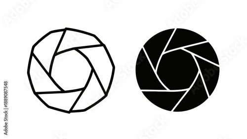 Vector illustration of a camera aperture symbol with outline and solid versions, on transparent background