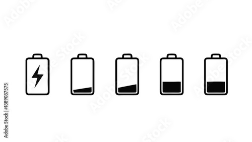 Vector illustration of various battery charge status symbols, from full to empty, on transparent background