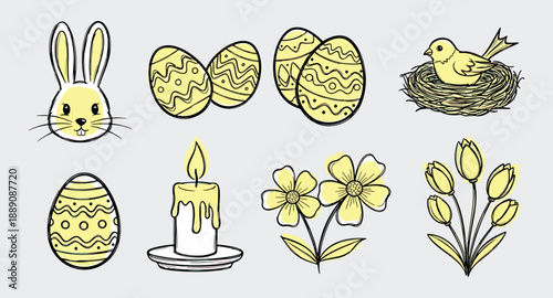 Easter icons set with bunny eggs chick candle flowers and buds on gray background