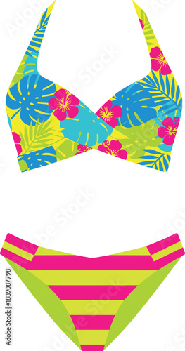 Colorful tropical bikini illustration, women swimwear set with floral pattern, summer beach fashion vector flat design