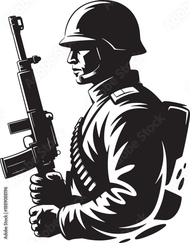 A silhouetted soldier stands guard holding a rifle with military gear