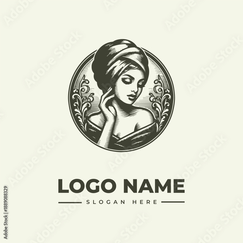 A vintage engraving of a woman's head and shoulders in a circular frame with floral patterns, presented as a logo design concept with a woodcut illustration style and space for a logo name