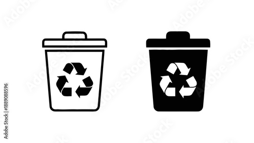 Vector illustration of black and outline recycling bin icons, ecological waste management on transparent background