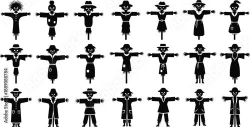 Scarecrow silhouette icon set with different farmer straw man poses for halloween harvest and agriculture designs