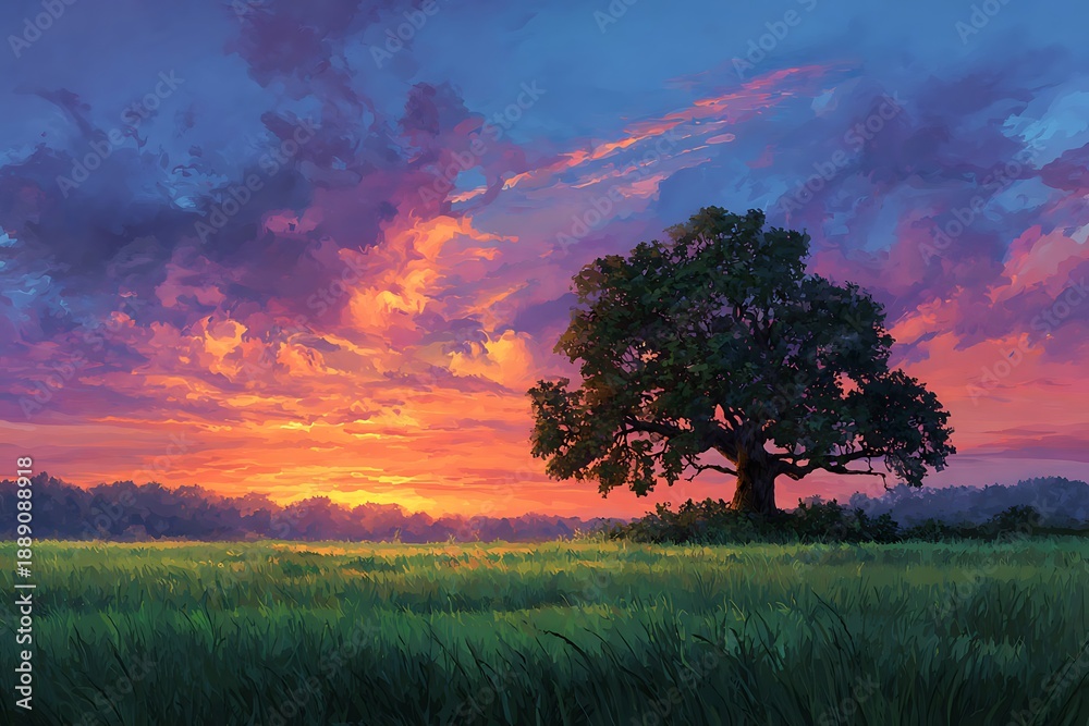 Fototapeta premium Solitary tree stands firm in a vibrant meadow beneath a dramatic, colorful twilight sky