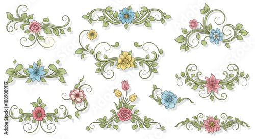 Set of floral design elements with flowers and leaves in a decorative vector style