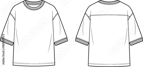 Technical fashion illustration of dropped shoulder crew neck t-shirt front and back view, rib trim, yoke seam – flat vector design