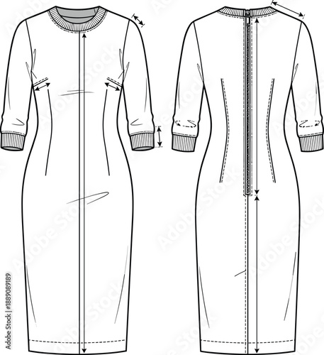 Technical fashion illustration of fitted dress front and back view, princess seams, ¾ sleeves, rib trim – flat vector design