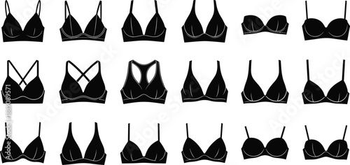 Bra lingerie silhouette icon set with multiple styles for women underwear fashion apparel and clothing designs