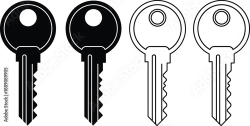 House key icon set in solid and outline styles for security access home locks and real estate designs