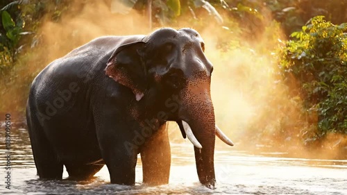 Majestic Elephant Sprays Water in Lush Tropical Forest