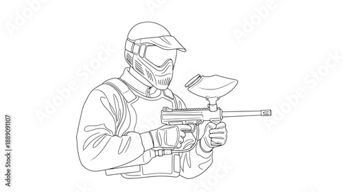A detailed line drawing depicts a person equipped for paintball holding a marker and wearing protective gear
