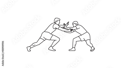 A simple black and white line drawing depicts two men engaged in a wrestling or fighting stance