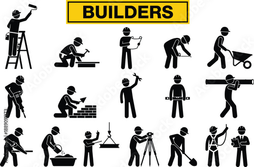 Builders and construction worker silhouette icon set showing tools labor activities engineering teamwork safety and building process  for infographic signage and industrial design