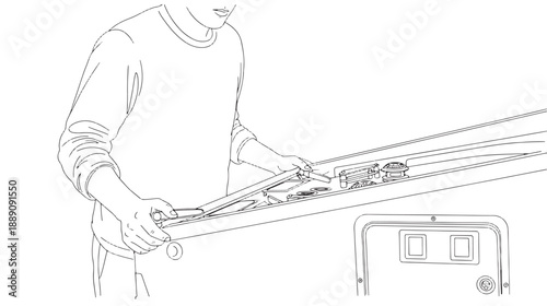 A person is depicted using tongs to move sushi pieces along a conveyor belt system high quality