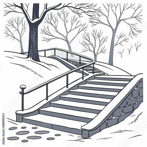 Snowy park stairway