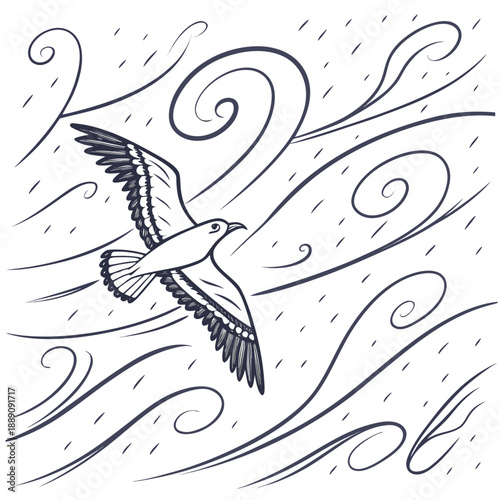 Bird in flight against swirling winds