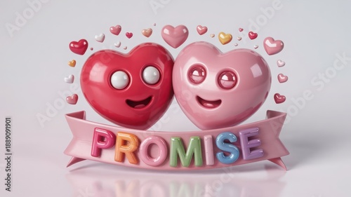 Vibrant 3D cartoon hearts with colorful candy and the word 'Promise' in a cheerful, playful style.
