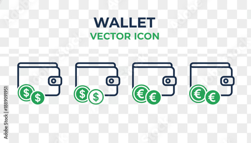 Flat vector illustration of wallet icons with dollar and euro coins, clean outline style for finance and banking concepts, minimal professional design suitable for fintech and money apps.