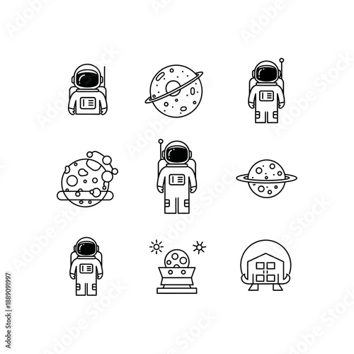 Collection of minimalist line art icons depicting astronauts, planets, and various celestial objects in space.
