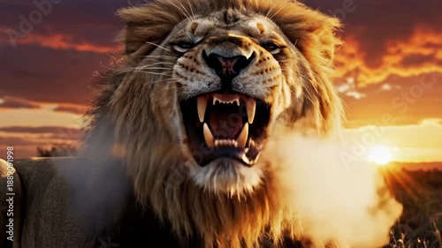Majestic Lion Roaring at Sunset in Savanna