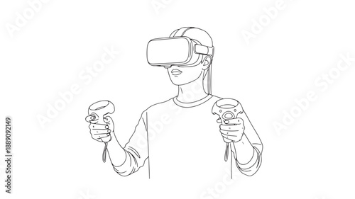 A linear illustration depicts a person wearing a virtual reality headset and holding controllers high quality professional