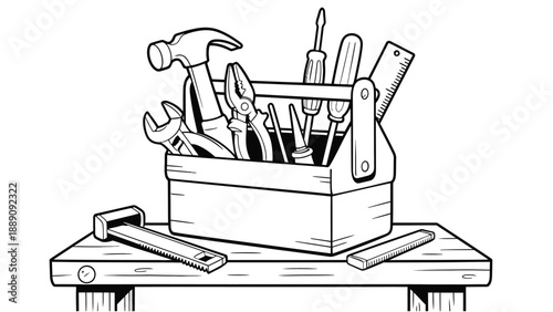 A wooden toolbox filled with various tools on a workbench