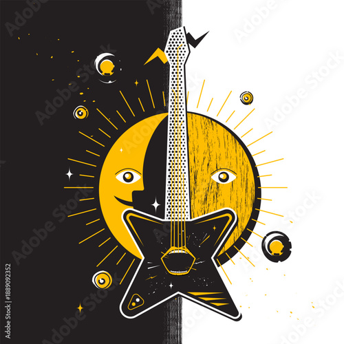 Rock music decorations with guitar and abstract moon and sun background for a music festival banner or concert poster.
