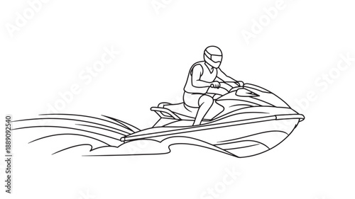 A simple black and white line drawing depicts a person riding a jet ski on water