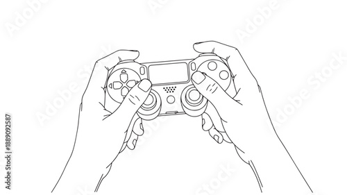 A minimalist line drawing depicts two hands firmly gripping a modern video game controller high quality professional