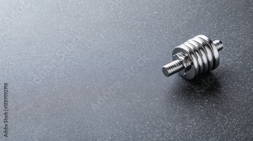 weightlifting. Single weightlifting dumbbell on a gym floor, showcasing metal...