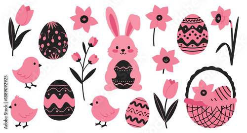 Cute Pink and Black Easter Bunny Chicks and Eggs Vector Set